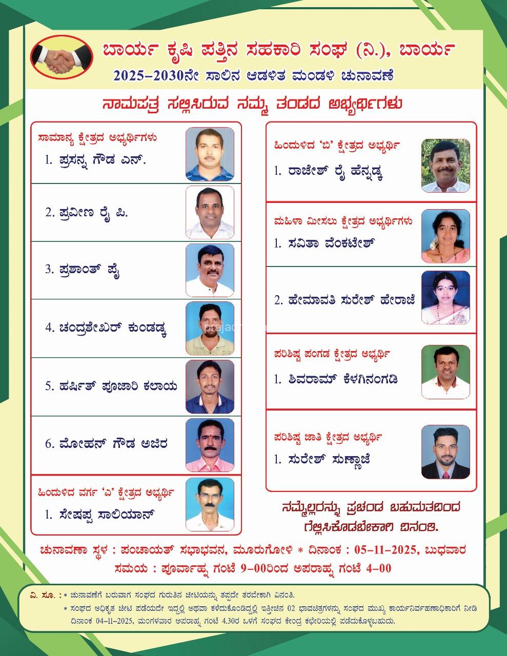 ಬಾರ್ಯ ಕೃಷಿ ಪತ್ತಿನ ಸಹಕಾರಿ ಸಂಘ (ನಿ.) 2025-2030 ನೇ ಸಾಲಿನ ಆಡಳಿತ ಮಂಡಳಿ ನಿರ್ದೇಶಕರ ಚುನಾವಣೆ ಸಹಕಾರ ಭಾರತಿ ಅಭ್ಯರ್ಥಿಗಳ ಪ್ರಚಂಡ ಗೆಲುವು