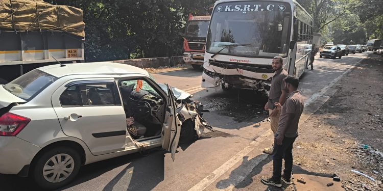 ಗುಂಡ್ಯ ಸಮೀಪ ರಾಜಹಂಸ ಬಸ್ ಹಾಗೂ ಸ್ವಿಫ್ಟ್ ಕಾರು ನಡುವೆ ಸಂಭವಿಸಿದ ಭೀಕರ ಅಪಘಾತ ಮೂವರು ಸ್ಥಳದಲ್ಲೇ ಮೃತ್ಯು
