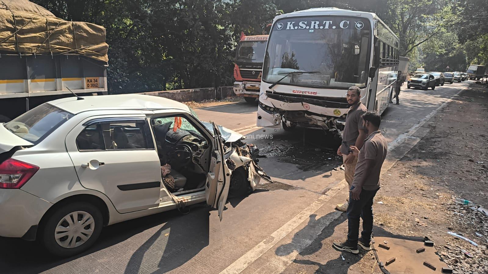 ಗುಂಡ್ಯ ಸಮೀಪ ರಾಜಹಂಸ ಬಸ್ ಹಾಗೂ ಸ್ವಿಫ್ಟ್ ಕಾರು ನಡುವೆ ಸಂಭವಿಸಿದ ಭೀಕರ ಅಪಘಾತ ಮೂವರು ಸ್ಥಳದಲ್ಲೇ ಮೃತ್ಯು