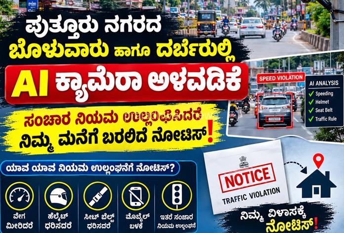 ಪುತ್ತೂರು ನಗರದ ಬೊಳುವಾರು ಹಾಗೂ ದರ್ಬೆಯಲ್ಲಿ Ai ಕ್ಯಾಮೆರಾ ಅಳವಡಿಕೆ- ಸಂಚಾರ ನಿಯಮ ಉಲ್ಲಂಘಿಸಿದರೆ ನಿಮ್ಮ ಮನೆಗೆ ಬರಲಿದೆ ನೋಟಿಸ್