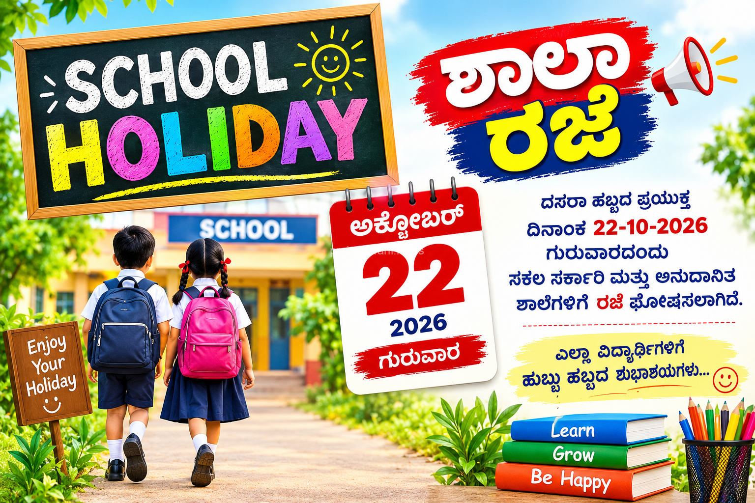 ದಸರಾ ರಜೆ ವಿಸ್ತರಣೆ: ದ.ಕ ಜಿಲ್ಲೆಯ ಎಲ್ಲಾ ಶಾಲೆಗಳಿಗೆ ಅ.22 ರ ಗುರುವಾರ ರಜೆ ಘೋಷಣೆ